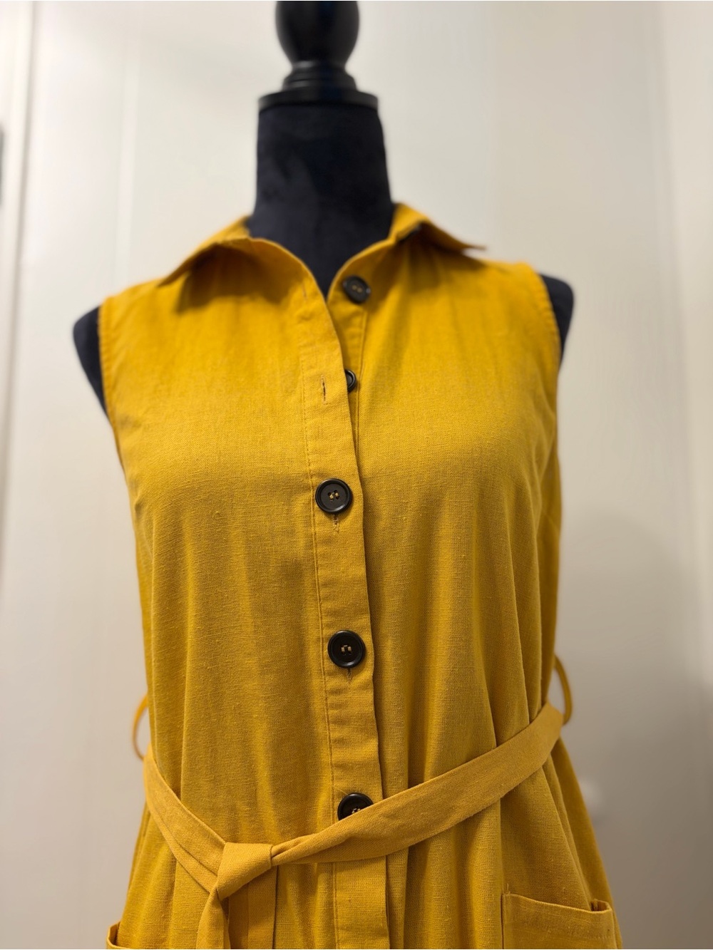 J. Jill Sleeveless Mustard Button-Front Midi Dress with Tie - Picture 7 of 11